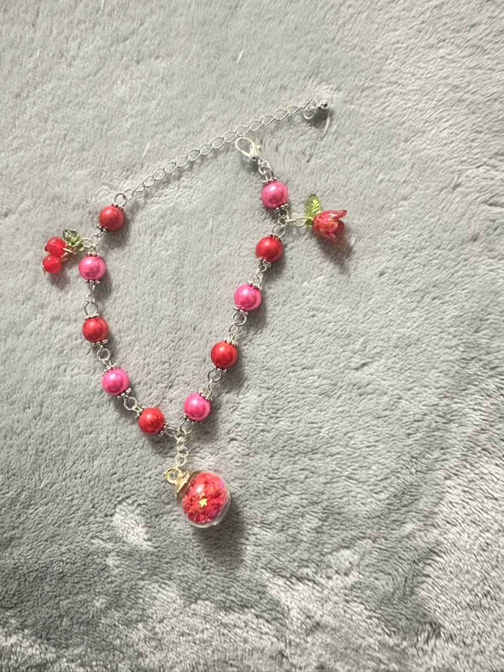 Pink & Red Beaded Charm Bracelet with Floral Pendant